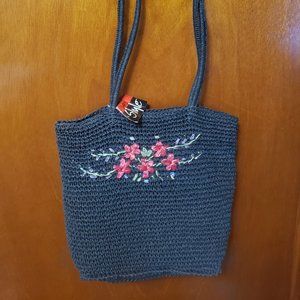 Simply Style 100% Paper Straw Black With Floral Design Sack Purse